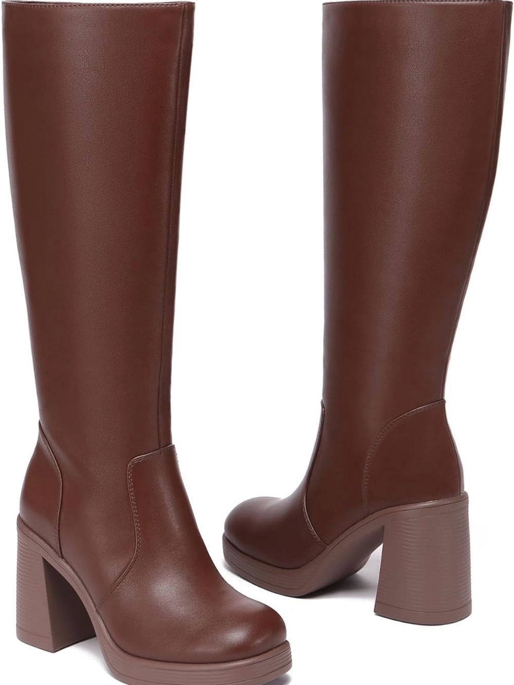 Brown knee high boots chunky heeled square toe boot side zipper gogo boots